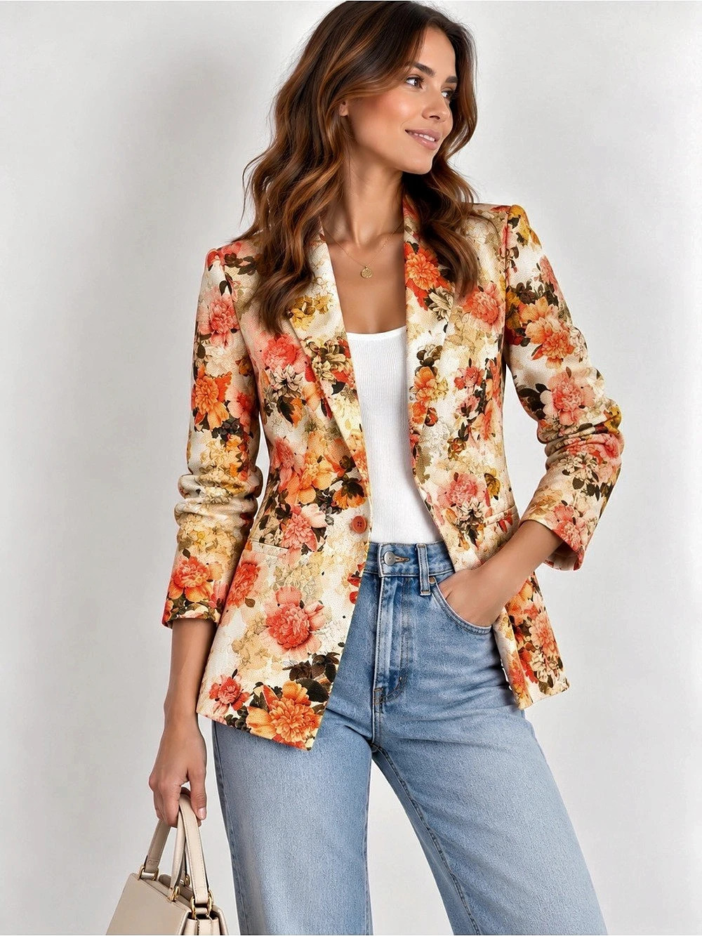 Zara Floral Jacquard Blazer Orange & White Small